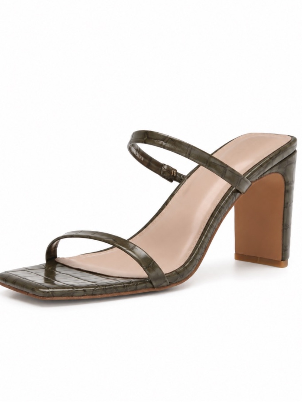 The Drop Women’s Olive Croc-Embossed Block Heel Sandal in size 12